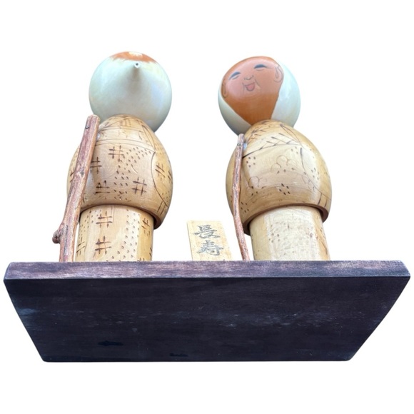 Vintage Japanese Wooden kokeshi dolls elderly couple takasago signed - Picture 6 of 6
